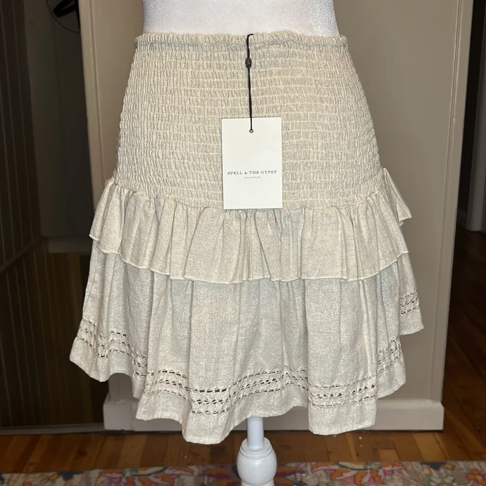 Spell & The Gypsy Collective Lola Ruched Metallic Mini Skirt Biscuit NWT Size XS